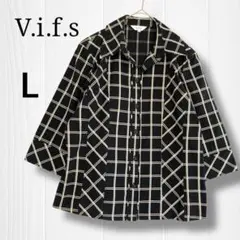 【V.i.f.s】七分袖チェック柄シャツブラウス L黒　婦人服ミセス綿100%