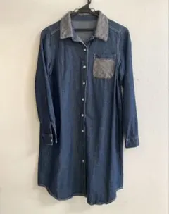 襟・ポケット異素材　長袖デニムワンピース　M