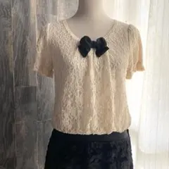 LEST ROSE ワンピース リボン付き レース×ファー アイボリー×ブラック