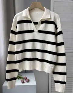 クリーム ブラック ストライプ ボーダー ポロネック ニットセーター レディース