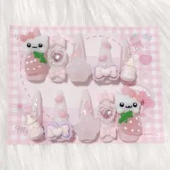 ネイルチップ 量産型 地雷系 平成女児 韓国 ワンホン ピンク 白 リボン