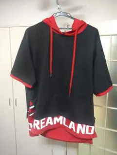 【古着】フード付き半袖パーカー 黒赤　L