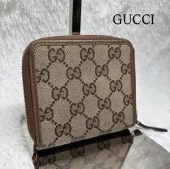 ✨美品✨ グッチ 二つ折り財布 GGキャンバス シボレザー ラウンドジップ 茶