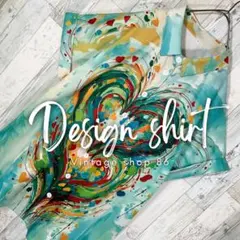 柄シャツ レディース 半袖 M 緑 未使用 古着 総柄 ハート柄 レトロ アート