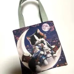 ミニミニトートバッグ　ねこ柄　三日月 うさぎ　 両面パネル 　　❤️ハンドメイド