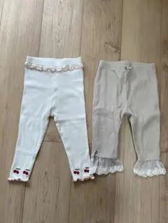 チェリー刺繍付きレギンスとレース裾パンツセット