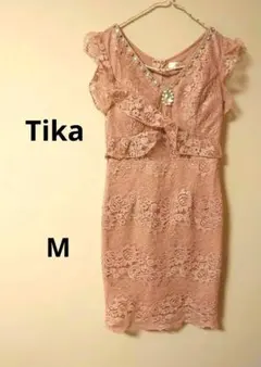 Tika レースタイトドレス ピンク フリル付き キャバドレス 胸元ビジュー