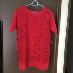 レースデザイン 半袖チュニック レッド