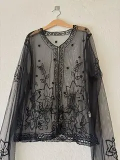 レトロシースルーネットレースビーズ刺繍シアーレースカーディガン黒vintageのサムネイル