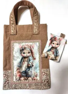 n*゜様 手作り♡デニムリメイクフリル猫トートバッグ＆ポーチセット