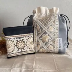 no.159 インド刺繍リボン 巾着ポーチ バネ口ポーチ 巾着 旅行 コスメ