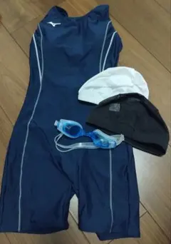 Mizuno スポーツ用水着 M ネイビー ゴーグル・キャップ付き