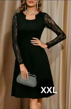 袖レース フレアワンピース JP【XXL】ブラック