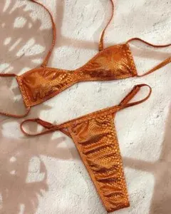 3351 超ブラジリアンビキニ　サテンヘビ柄オレンジ　XS クリーニング済