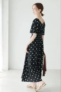 ROPE' PICNIC ドット柄シャーリングワンピース　ブラック　Mサイズ
