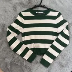 ZARA グリーンホワイトストライプニット L