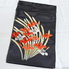 B 夏物 菖蒲の花 金銀糸 黒 太鼓 正絹 薄物 絽 紗 名古屋帯