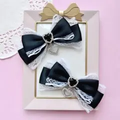 【ハンドメイド】ブラック 黒レース ハートチャーム付き ヘアクリップ