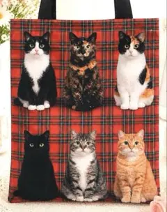 ゆ*ん様 人気 猫バッグ　猫いっぱい　チェック　丈夫な新品トート　オリジナル　大のサムネイル
