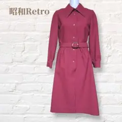 ✅️膝丈ワンピース 長袖♡ステンカラー♡ベルト付き♡レトロデザイン♡昭和♡ボタン