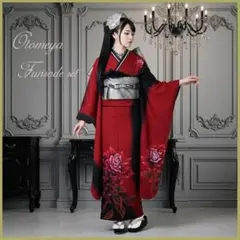 大輪薔薇/赤×黒/ぼかし染め/振袖フルセット/ｎ37/成人式／高身長のサムネイル