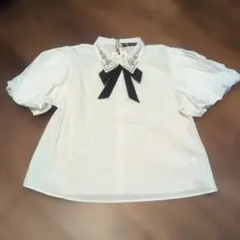ZARA ビジュー付きホワイトリボンシャツ XL（新品未使用タグ付き）