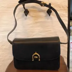 セリーヌ　ショルダーバッグ　ゴールド　馬車金具　レザー　ネイビー