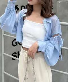 INGN ライトブルー シースルー クロップドシャツ