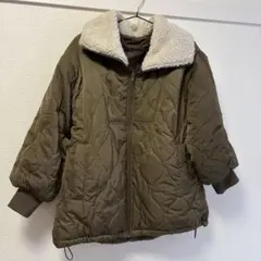 オリーブ色キルティングジャケット ボア襟付き