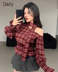 SHEIN オフショル トップス レッド 赤 チェック