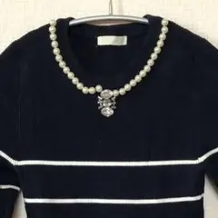 ニット トップス 長袖 パール ボーダー