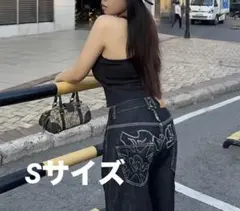 バギーデニム Sサイズ ジーンズ 刺繍 カジュアル ストリート ブラック 黒