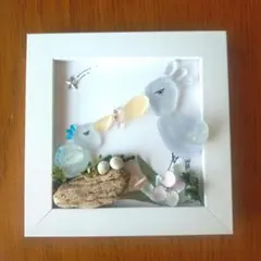 シーグラスアート ハシビロコウ　親子　鳥 ハンドメイド 　シーガラス