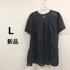 L黒 半袖ティアードチュニック 新品 綿100%透け感♡背面リボン
