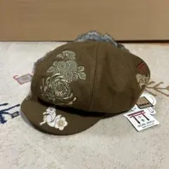 【新品・未使用】今昔　キャスケット　狐　和柄　刺繍　カーキ