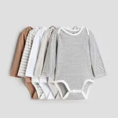 H&M 長袖ボディスーツ　５枚セット　ベージュボーダー