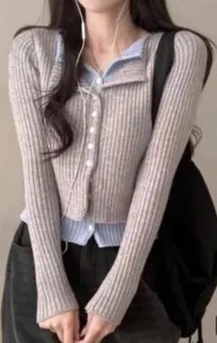 AsRiRe レイヤード風配色ニットカーディガン ライトグレー