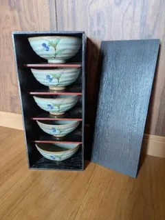 未使用品 緑彩草花 飲茶碗揃 5客セット 和食器