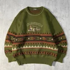 日本製 古着 DARSOS ニット センター刺繍 レトロなデザイン ゆったりL