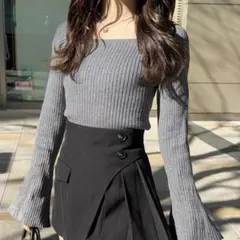 スクエアネックフレアスリーブリブニット トップス［ru1056］