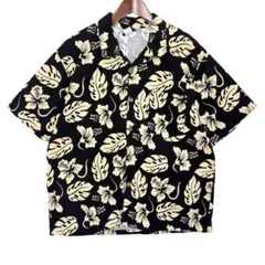 USA製 開襟 ハイビスカス アロハシャツ ハワイアンシャツ 黒 L 海外古着