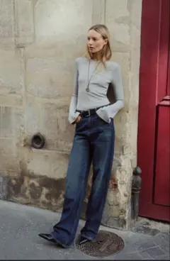 ZARA フレアロングスリーブ リブTシ ヤツ　L