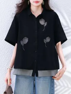 新品リミックス花柄タックリボンロングAラインブラウスネイビー 