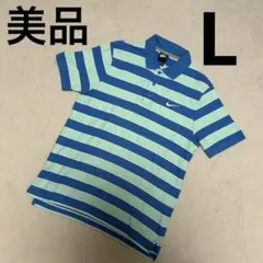 NIKE ナイキ 半袖 ポロシャツ 刺繍 ロゴ スウッシュ ブルー ボーダー L