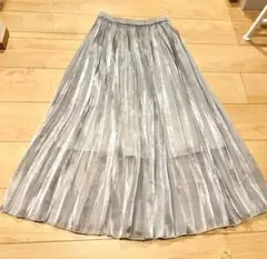 プリーツスカート ロング シルバー 光沢 フレア 上品 きれいめ