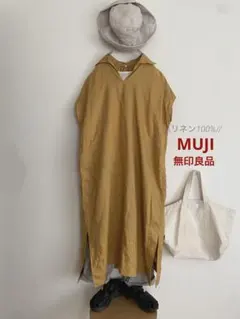 MUJI｜無印良品 リネン洗いざらしスキッパーカラー半袖ワンピース L