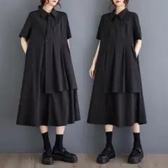 ワンピース ロング 半袖 襟付きレイヤード風無地 体型カバー春夏 LWHA005