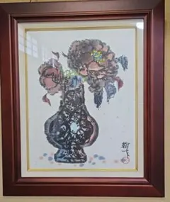 台湾画家 李源海 作 水墨画『薔薇図』大型額装入 紙本 嶺南画派伝承者