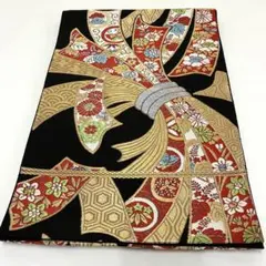 正絹　袋帯　束ね熨斗　古典　黒　金　吉祥文様　着物　リメイク　稽古用　O-75