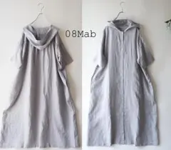 新品値引　08Mab*夏　濃グレー系*パーカー半袖シャツワンピース 麻1176 新品値引 08Mab*夏スチールグレー*パーカー半袖シャツワンピース 麻